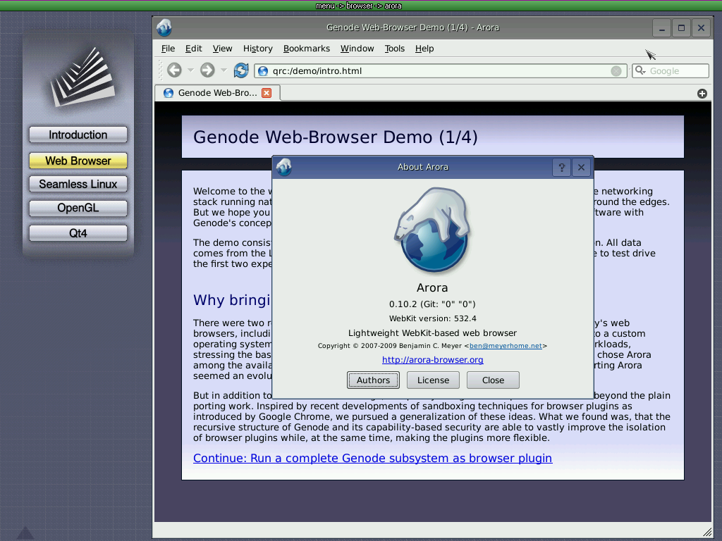 На Genode портирован и Qt-браузер Arora на движке WebKit