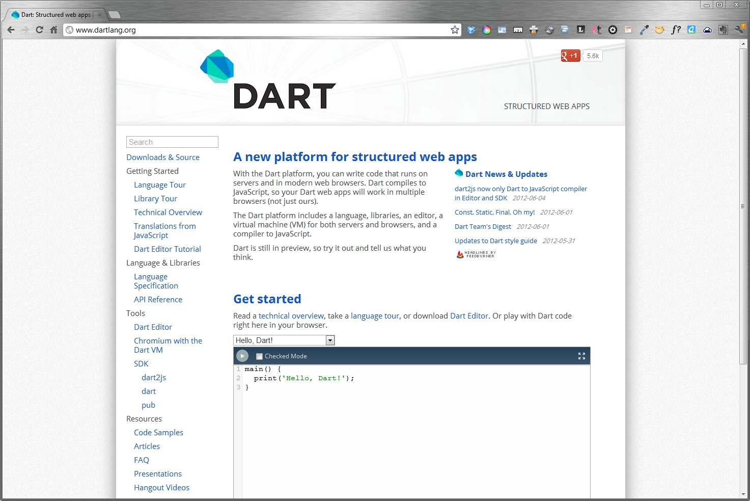 Официальный ресурс проекта Dart с консолью для быстрых тестовприложения