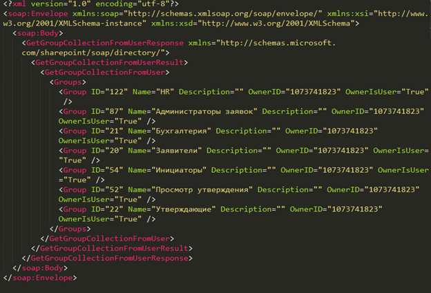 Рис. 9. XML-документ, содержащий информацию о списке групп, в которых состоит пользователь