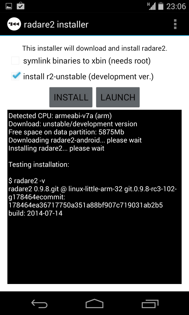 Рис. 2. Обновление radare2 на телефоне Android