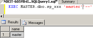 Рис .4. Результат выполнения запроса EXEC MASTER.dbo.xxx 'master''--'