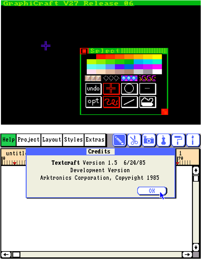 Экраны программ craft-ов — графического редактора Graphicraft и редактора текста Textcraft
