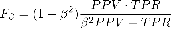 Формула 1. Общее определение F-меры с коэффициентом beta, который устанавливает значимость полноты в формуле: если beta > 1, то полнота важнее, если beta < 1, то важнее точность