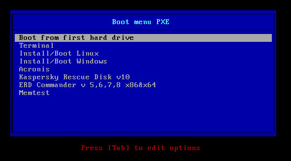 Главное меню загрузки PXE, текстовый режим