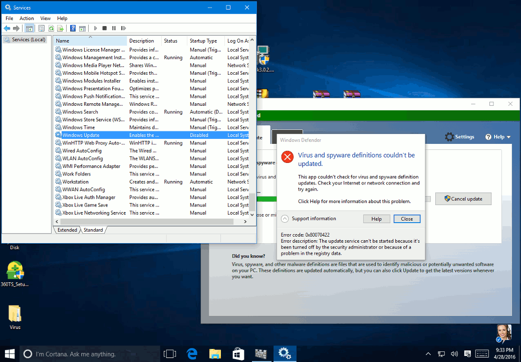 Невозможно обновить антивирусные базы из-за отключенного сервиса Windows Update