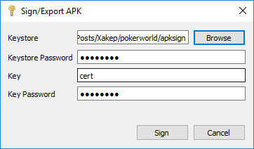 Выбор ключа для подписи APK