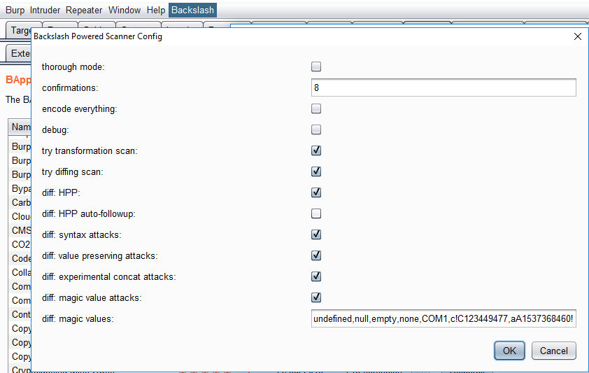 Настройки плагина Backslash Powered Scanner