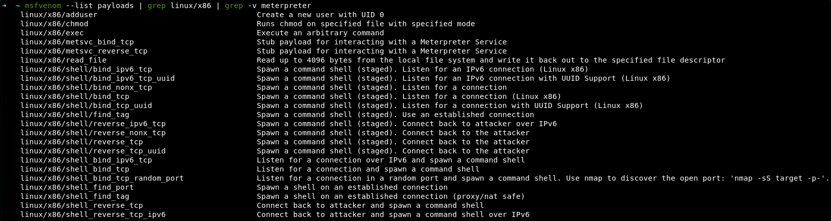 List of payloads without meterpreter for Linux x86