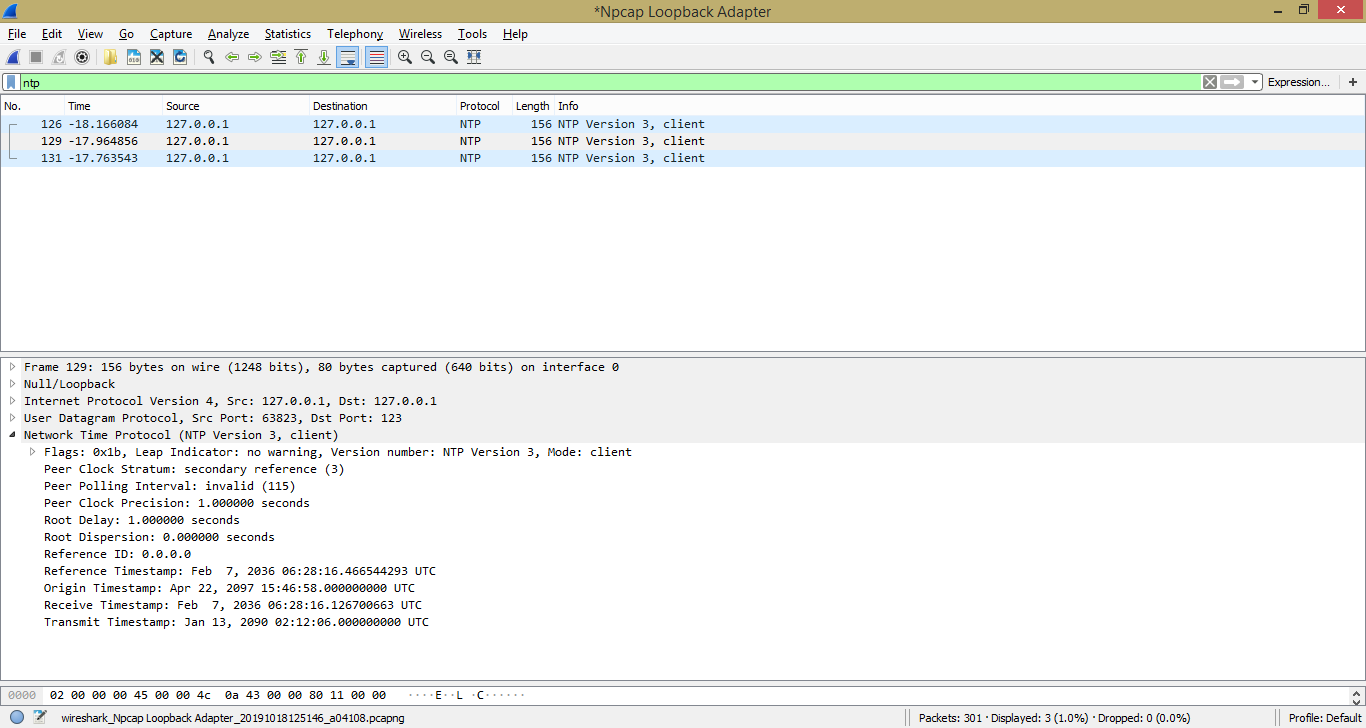 Один из NTP-пакетов, пойманных Wireshark