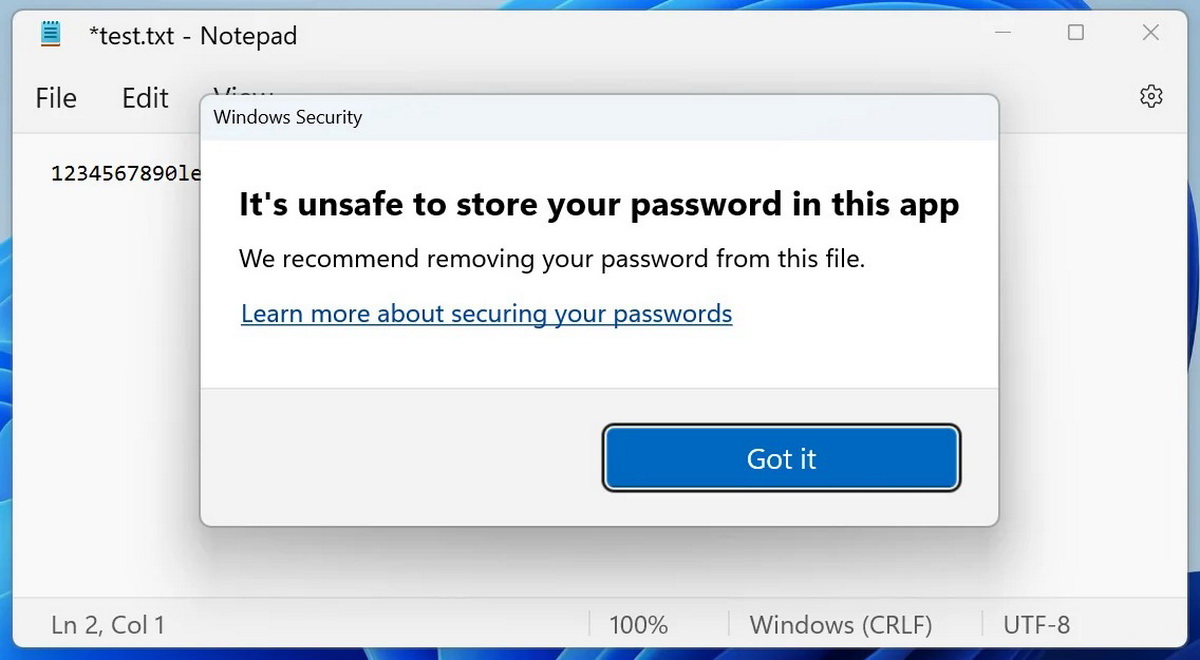 Windows 11 22H2 предупреждает, что хранить пароли в «Блокноте» небезопасно
